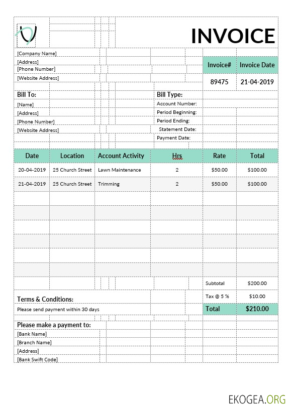 Modèle de facture d'aménagement paysager